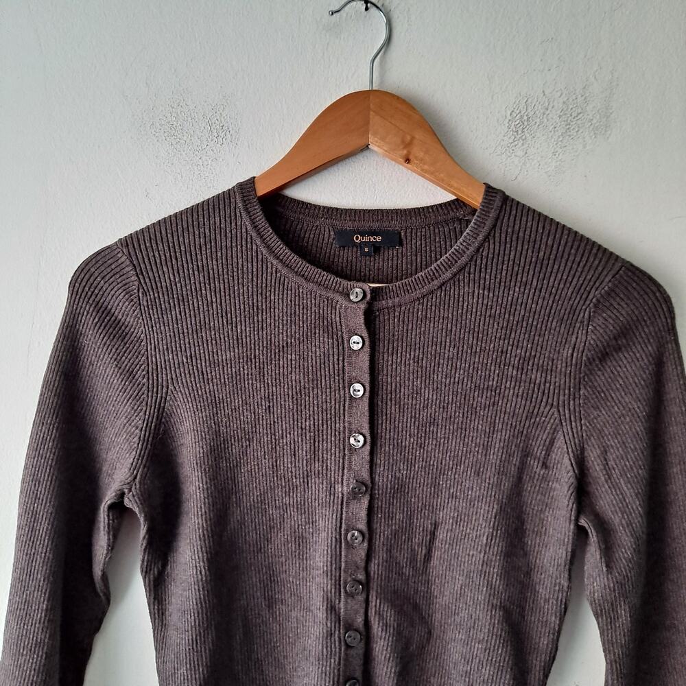 Quince Fitted Ribbed Cardigan Cotton Cashmere Mocha Heather Brown Womens Size S - Picture 6 of 11